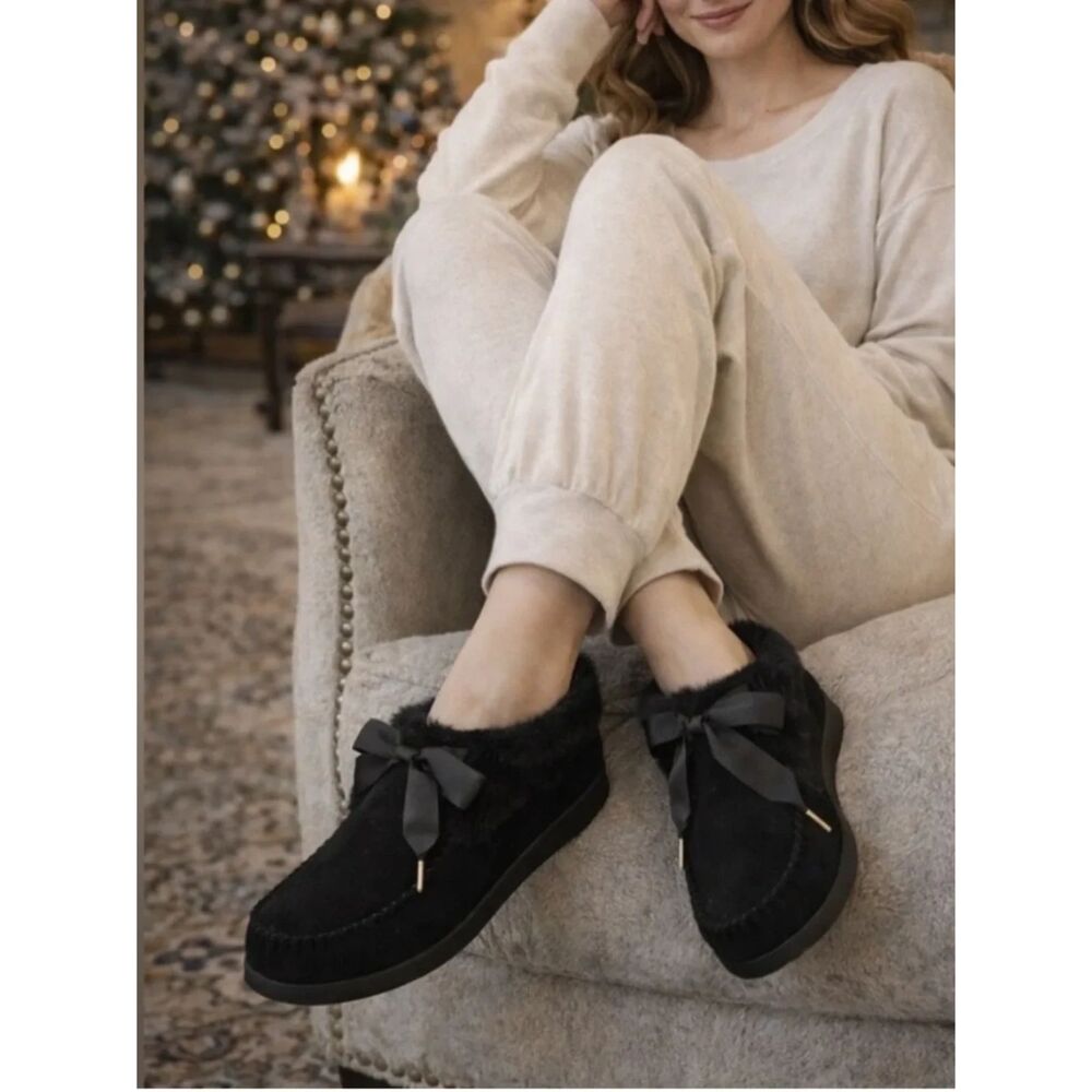 Tory Burch Aberdeen Shearling Suede Slippers Black Size 9